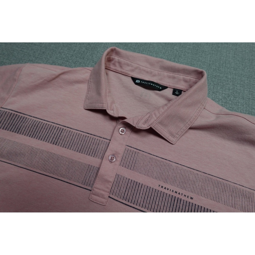 Travis Mathew Polo Mens Large Pink Stripe Golf Performance Knit Soft Lightweight